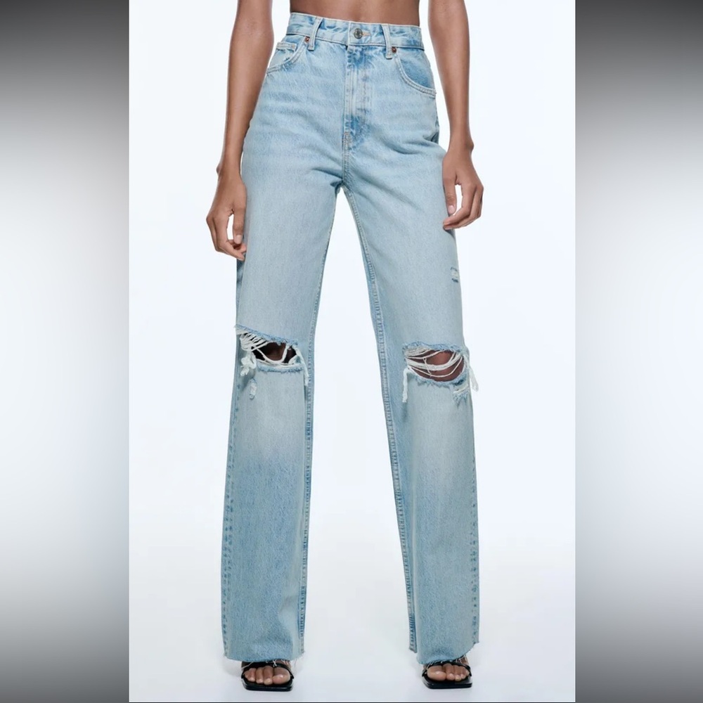 Zara Ripped Wide Leg Jeans Size 6Light Wash High Rise 100% Cotton